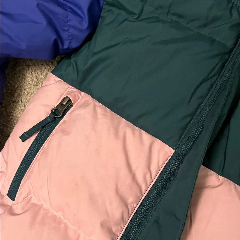The North Face Colorblock Hooded Puffer Jacket - Green/Pink/Orange/Purple 3T